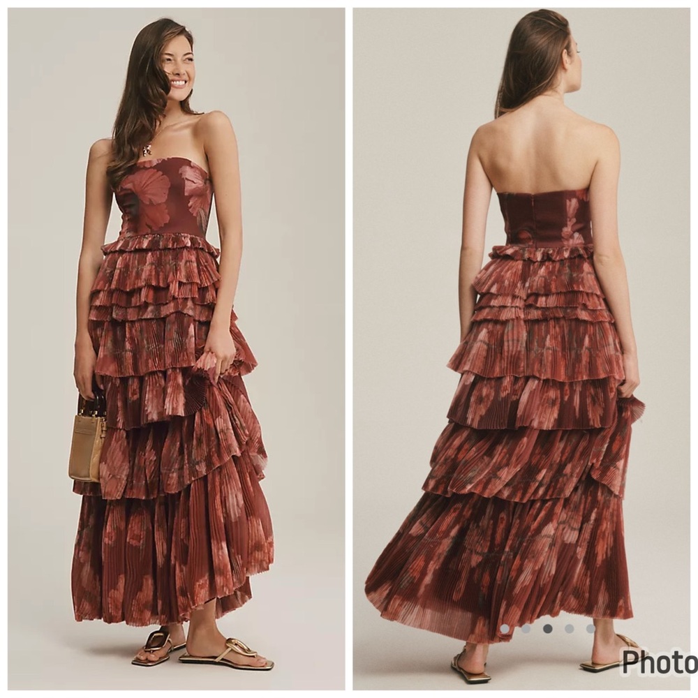 Anthropologie Hutch Nalina Strapless Floral Tiered Tulle Pleated Dress Maxi Sz 6